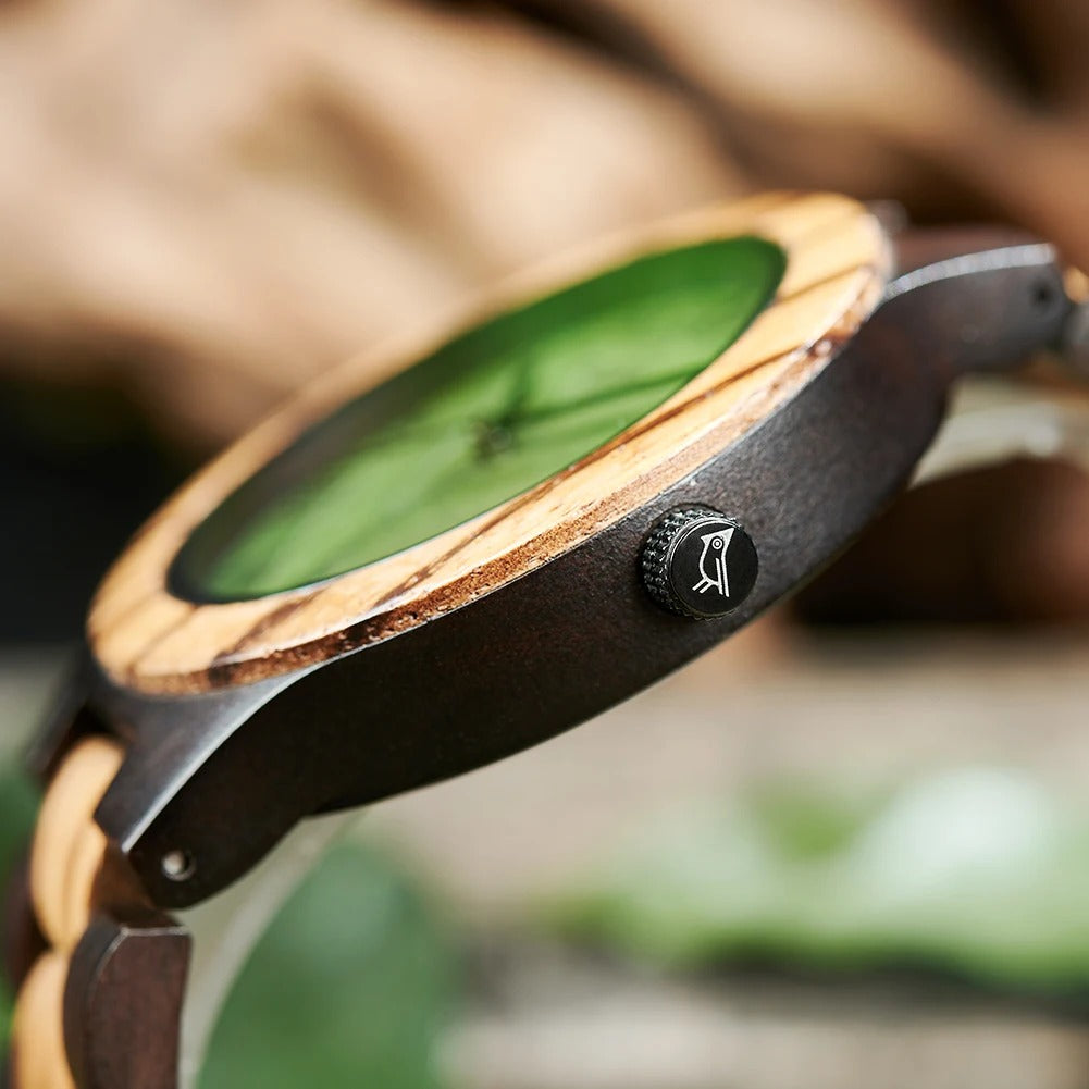 Coffret montre quartz bois ébène noyer incrusté avec véritable feuille arbre unisexe cadeau mariage anniversaire Noël durable - lebois-eco.com