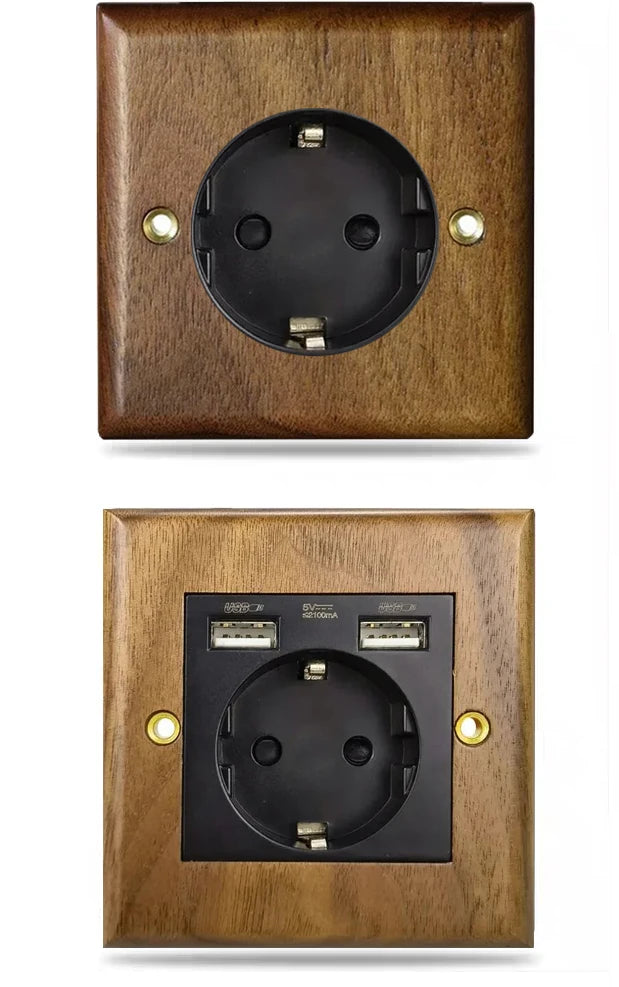 Interrupteur prise murale usb bois noyer laiton retro vintage décoration intérieure maison cuisine professionnel hotellerie restauration durable - lebois-eco.com