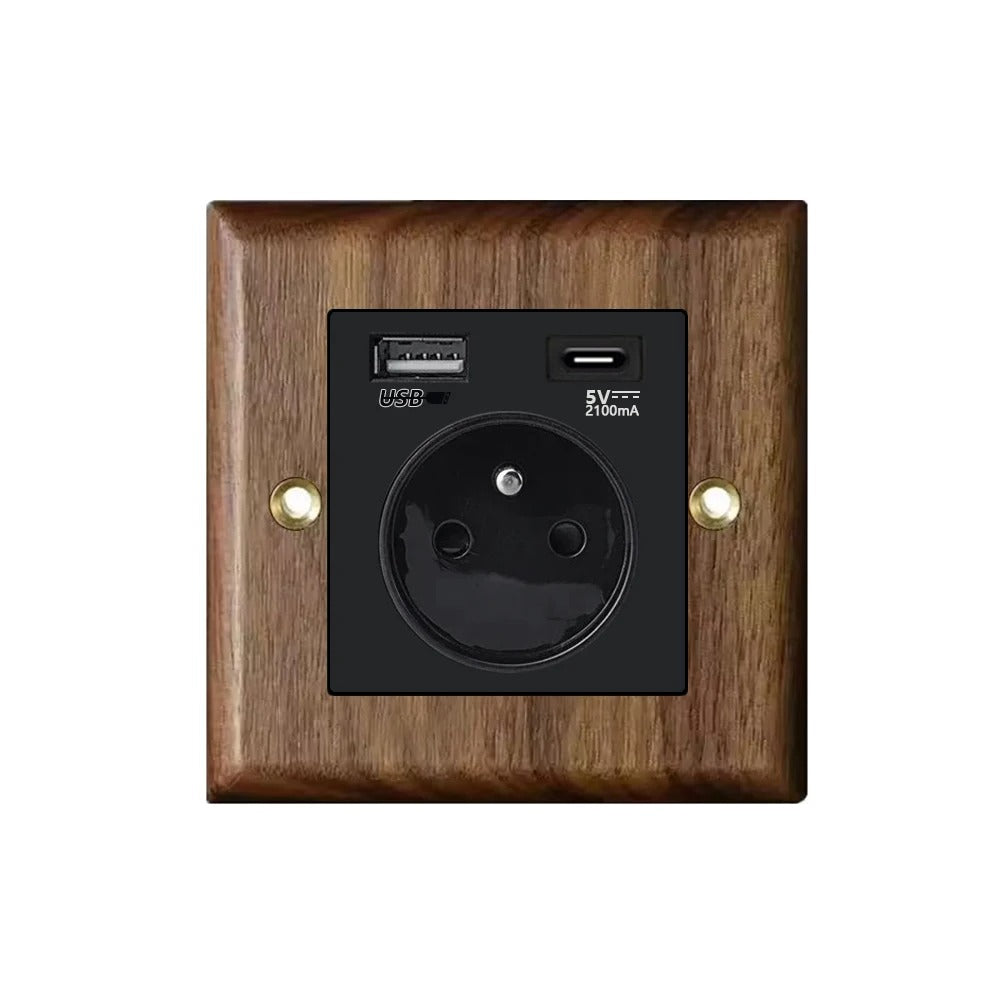 Interrupteur prise murale usb bois noyer laiton retro vintage décoration intérieure maison cuisine professionnel hotellerie restauration durable - lebois-eco.com