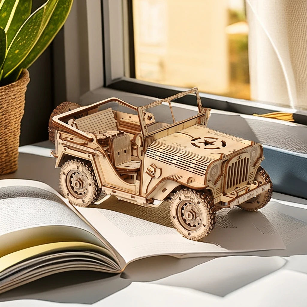 Maquette modélisme bois voiture jeep jouet do it yourself assemblage construction fait main cadeau noël enfant adulte découpe laser durable écologique - lebois-eco.com