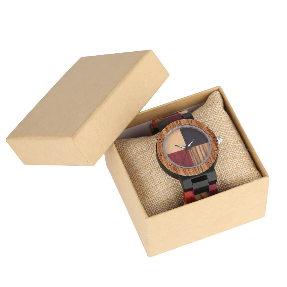 Montre bois bambou quartz unisexe coffret arlequin 4 couleurs cadeau original anniversaire noël mariage tendance intemporel écologique durable - lebois-eco.com