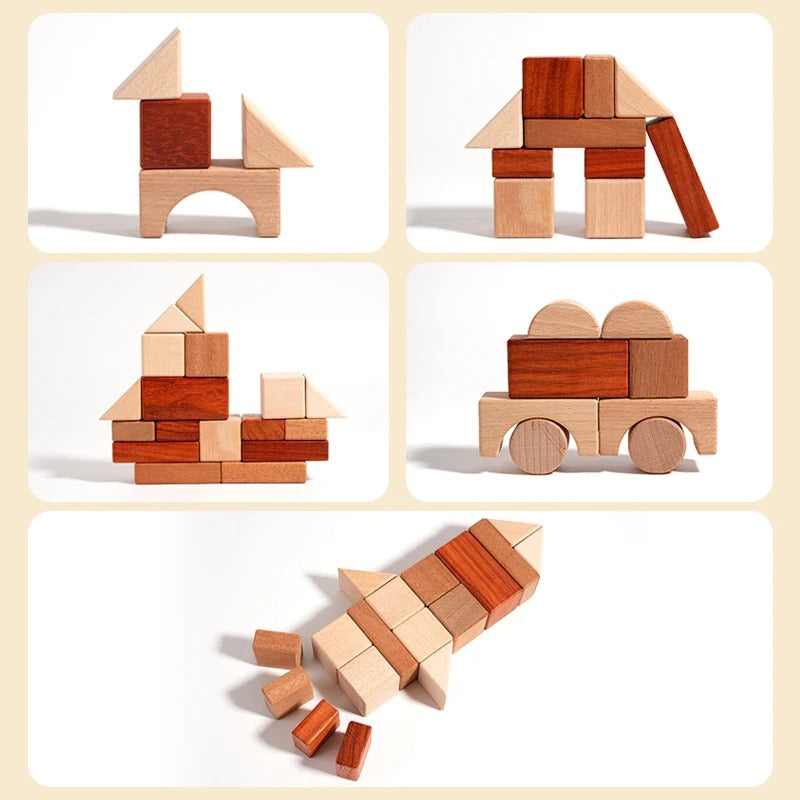 Blocs de construction en bois empilés, jeu éducatif Montessori pour enfants.