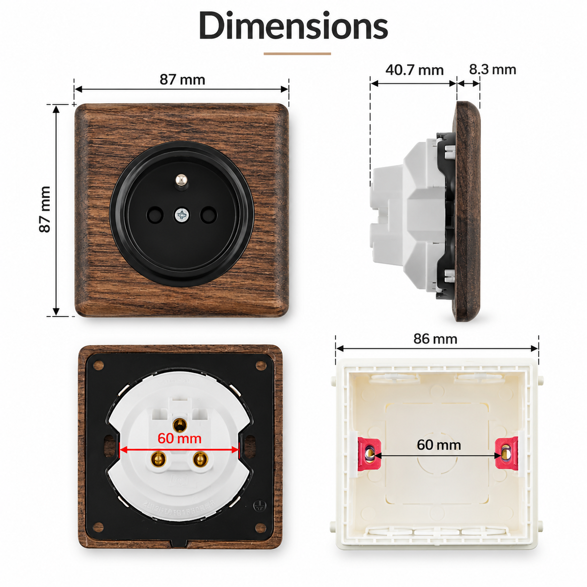 Dimensions de l’interrupteur et de la prise murale en bois naturel noir