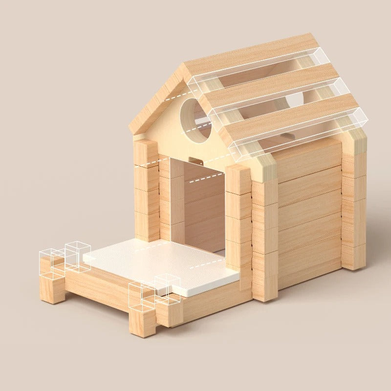 Enfant jouant avec un jeu de blocs en bois naturel, apprentissage Montessori