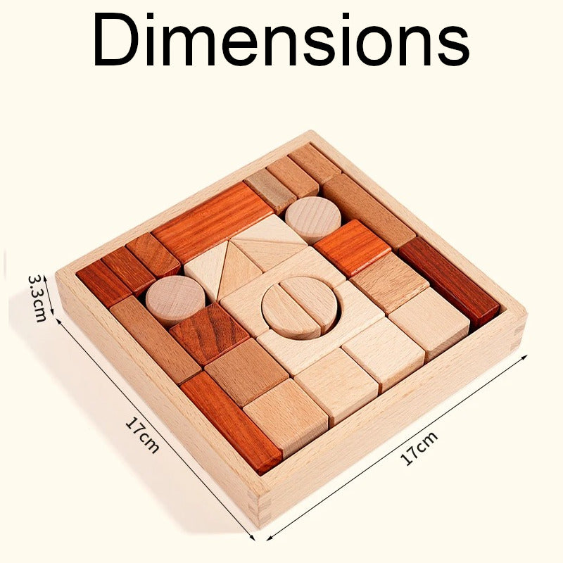 Blocs de construction en bois rangés dans leur boîte, jouet durable et pratique et dimensions.