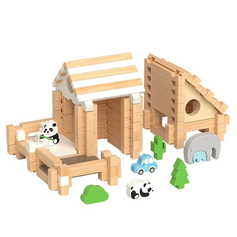 Maison construite avec des blocs en bois naturel, jeu éducatif pour enfants
