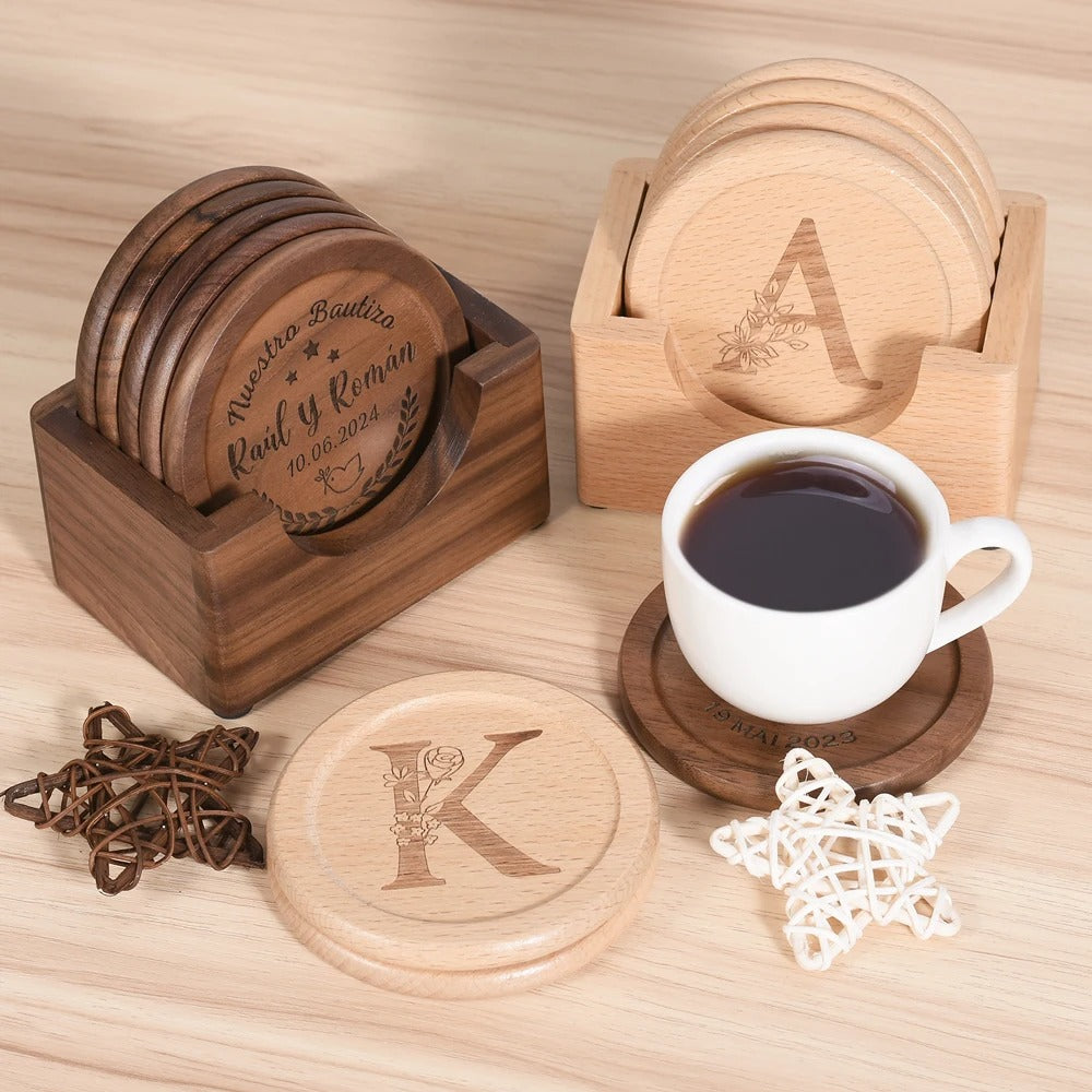 Set de 6 sous-verres en bois gravés sur mesure – idée cadeau personnalisée et originale.