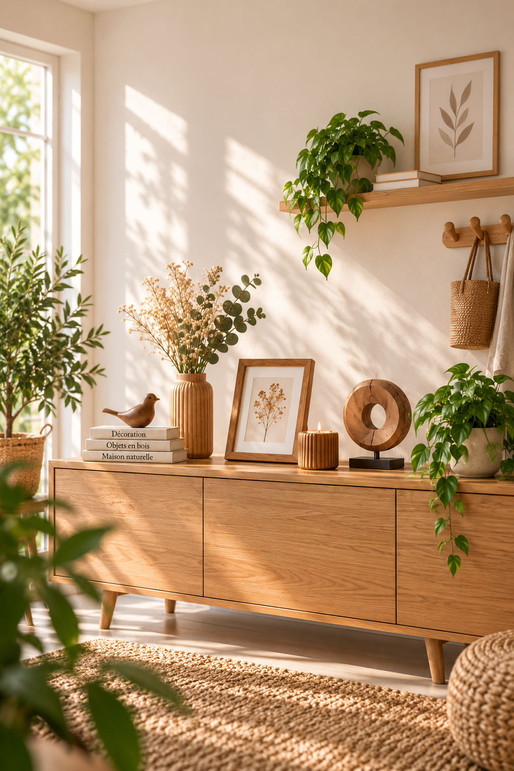 Objets déco en bois dans un intérieur naturel et chaleureux