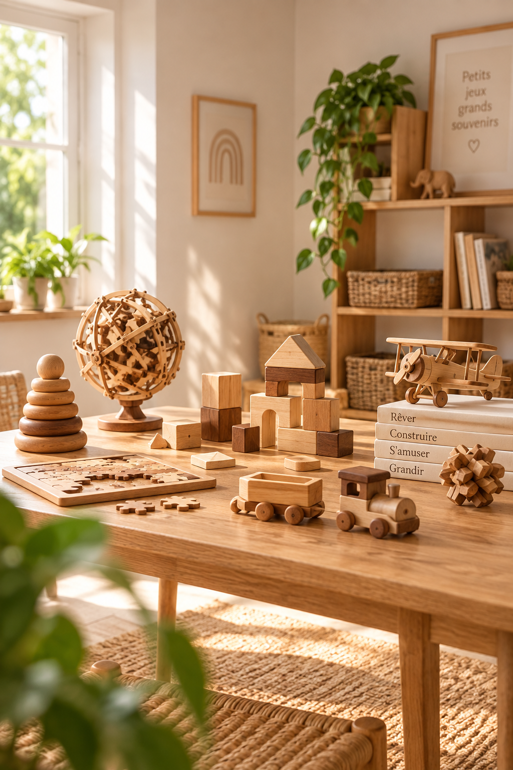 Jouets et jeux en bois dans une salle de jeux lumineuse