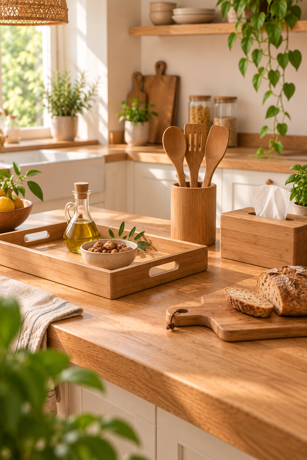 Accessoires de cuisine en bois sur un plan de travail