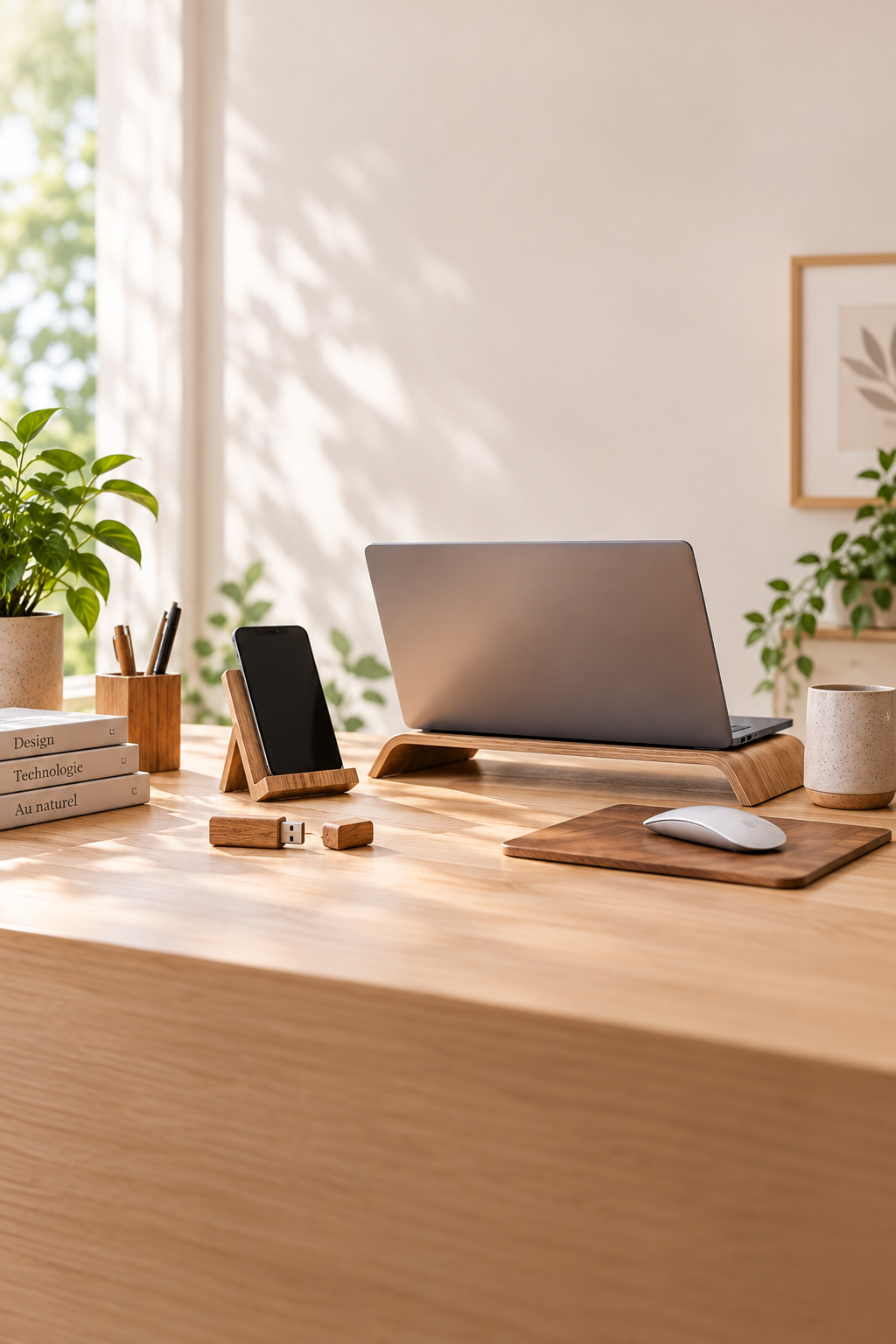 Accessoires high-tech en bois sur un bureau avec support pour ordinateur et téléphone