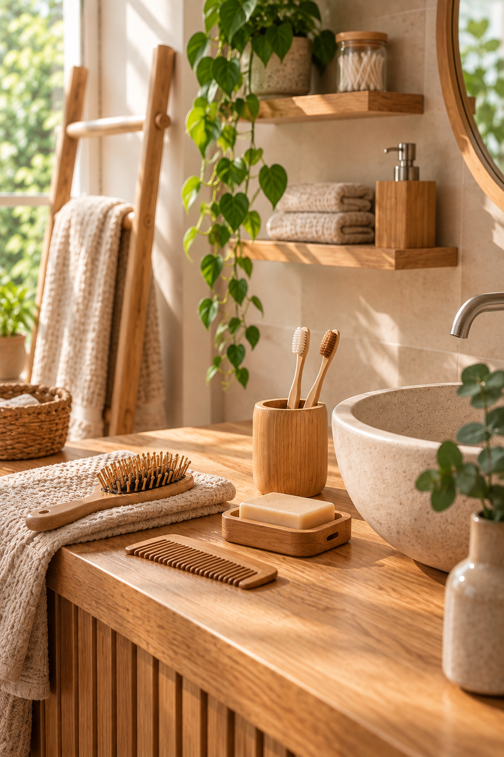 Accessoires de salle de bain en bois avec brosse, peigne et porte-savon