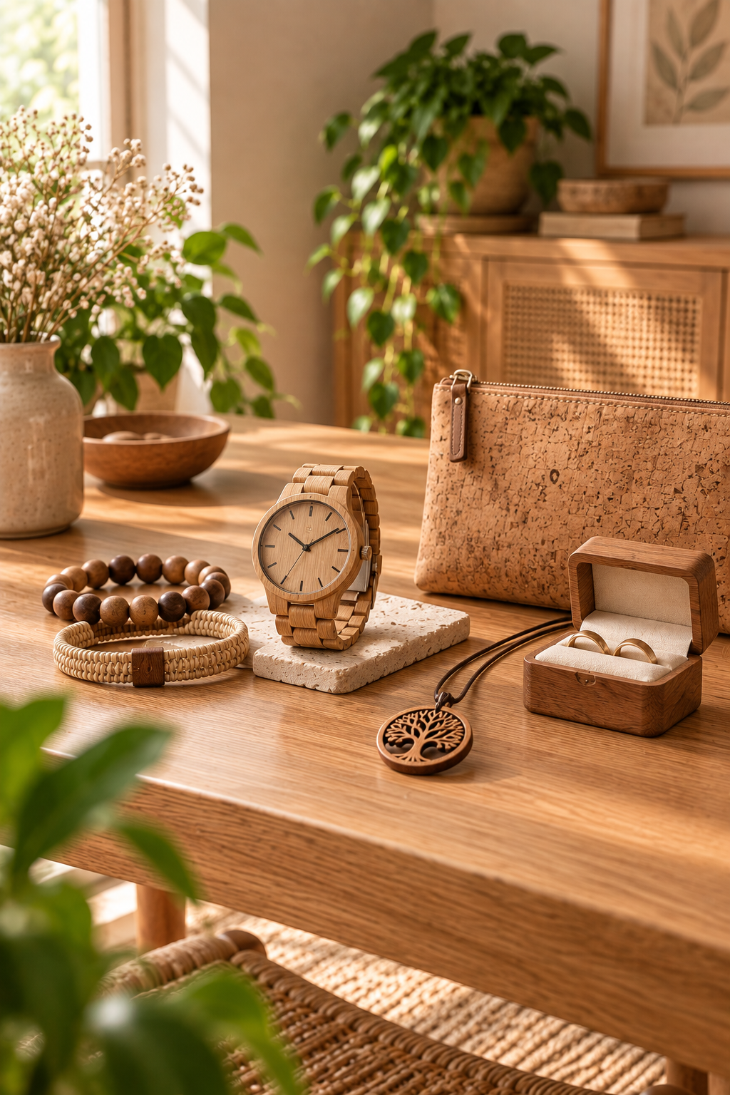 Bijoux et accessoires en bois avec montre, bracelets et pendentif