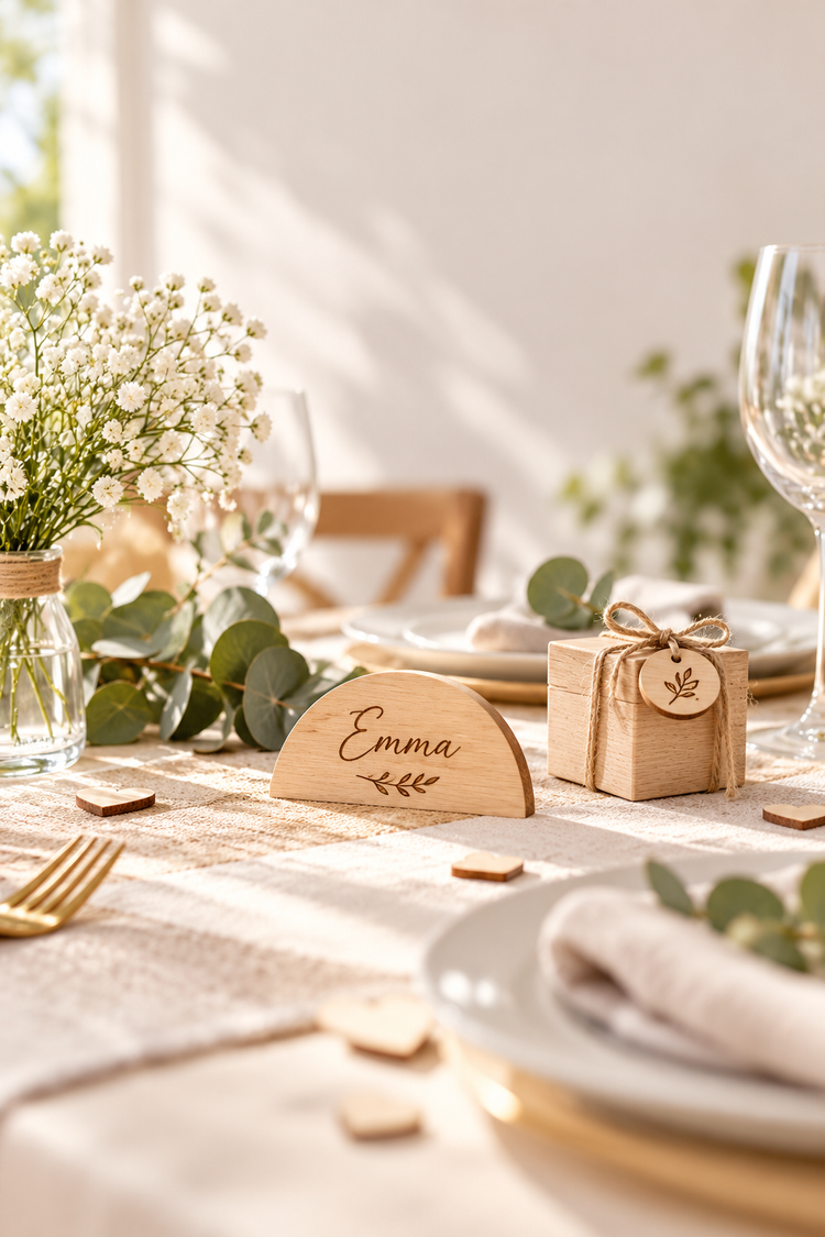 Objets en bois personnalisés pour mariage et événement avec marque-place et cadeau invité