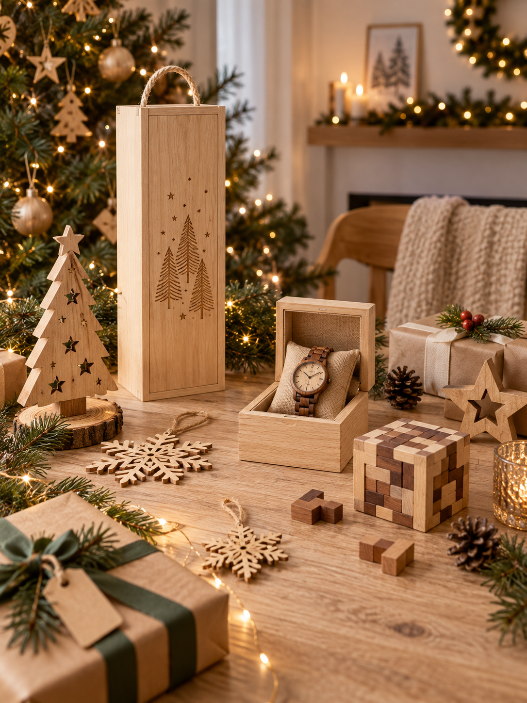 Objets en bois et idées cadeaux dans une décoration de Noël chaleureuse