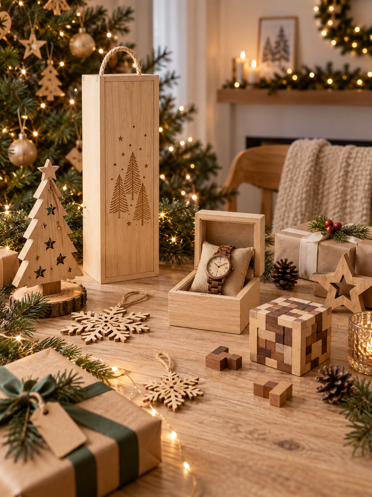 Objets en bois et idées cadeaux dans une décoration de Noël chaleureuse