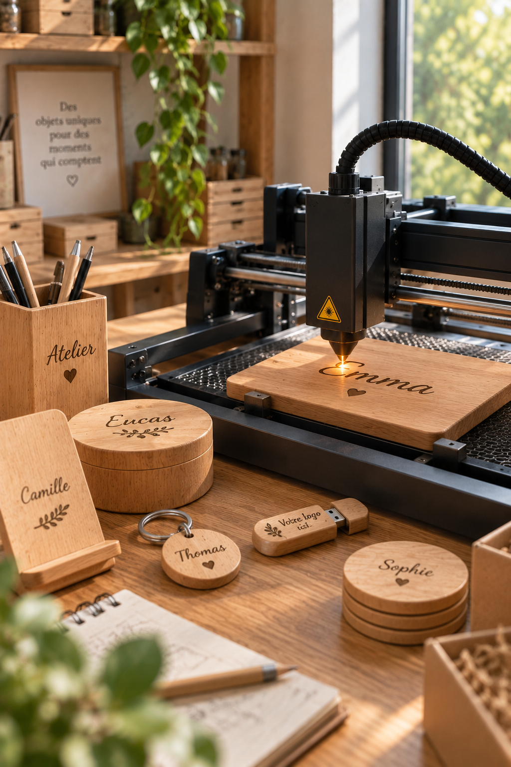Gravure laser d’un prénom sur un objet en bois dans un atelier