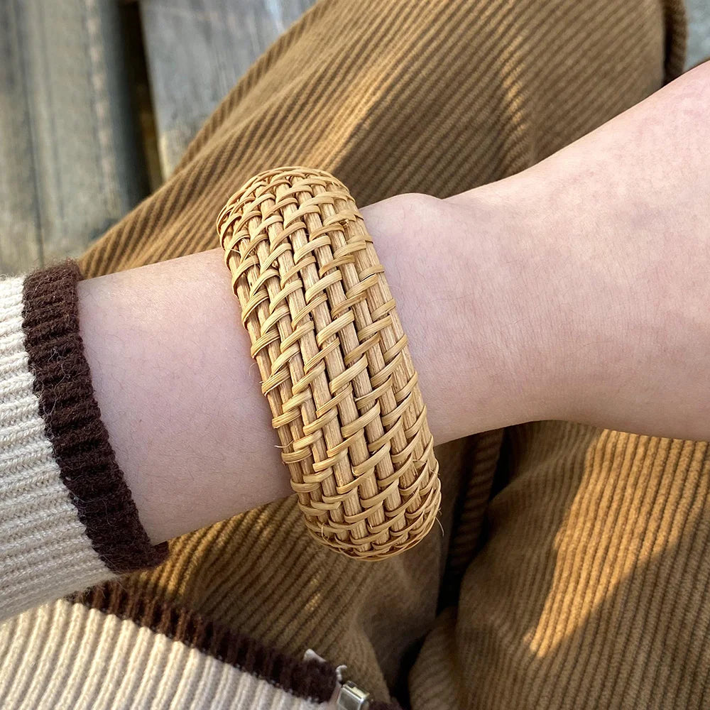 Bracelet rotin bois femme tissé bijou style bohème rétro vintage accessoires beauté élégance mode écologique durable - lebois-eco.com