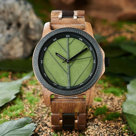 Coffret montre quartz bois ébène noyer incrusté avec véritable feuille arbre unisexe cadeau mariage anniversaire Noël durable - lebois-eco.com