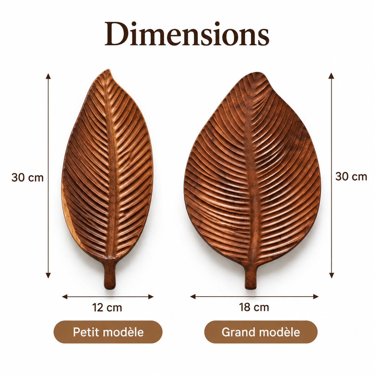 Dimensions des plateaux en bois forme feuille pour décoration de table