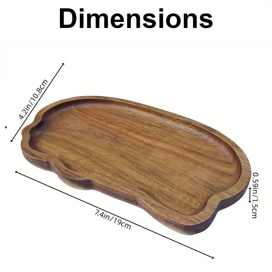 Dimensions du petit plateau en bois d'acacia : 19 × 10,8 × 1,5 cm, idéal pour desserts, fruits ou apéritifs.