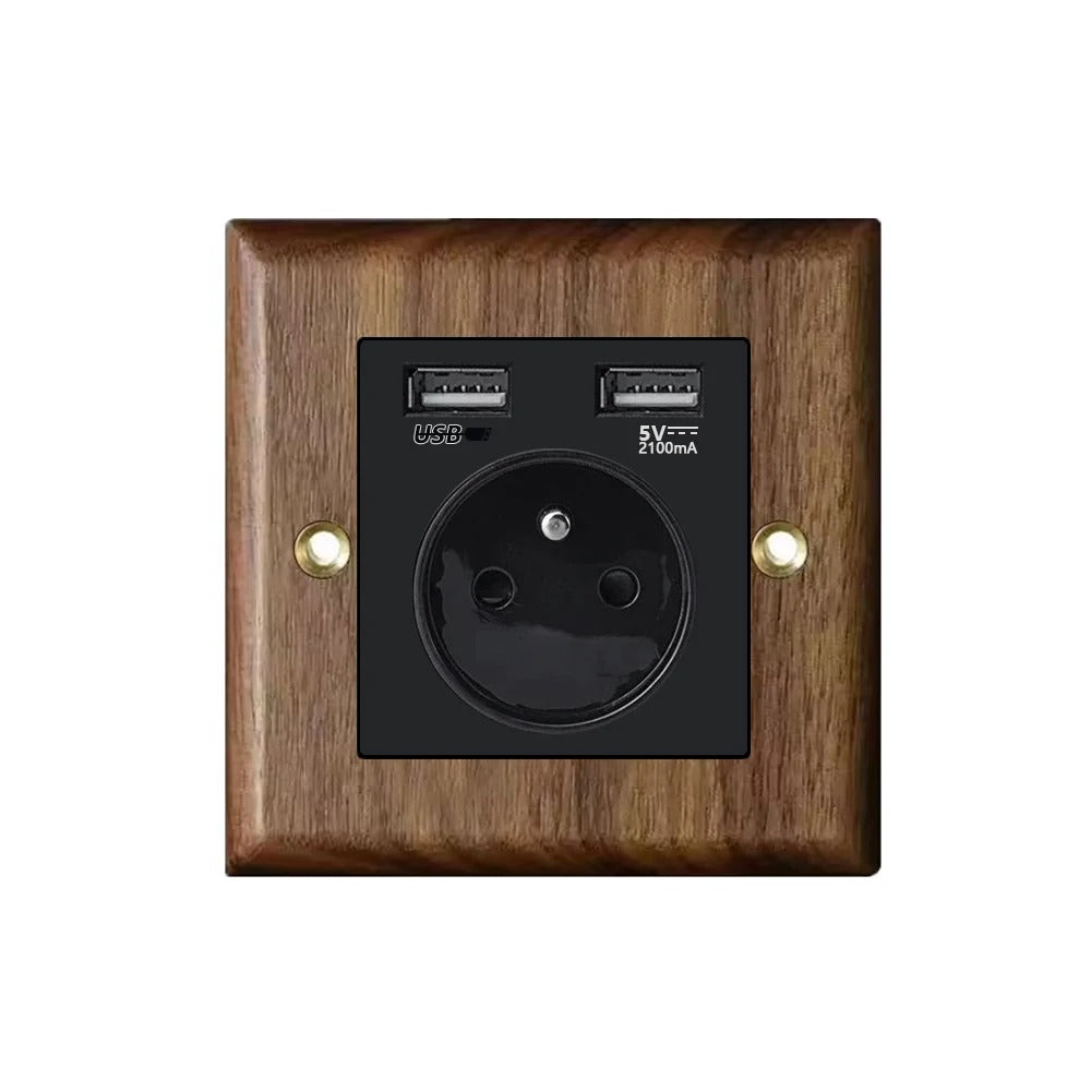 Interrupteur prise murale usb bois noyer laiton retro vintage décoration intérieure maison cuisine professionnel hotellerie restauration durable - lebois-eco.com