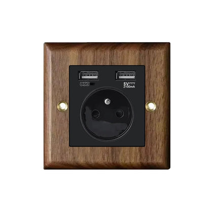 Interrupteur prise murale usb bois noyer laiton retro vintage décoration intérieure maison cuisine professionnel hotellerie restauration durable - lebois-eco.com