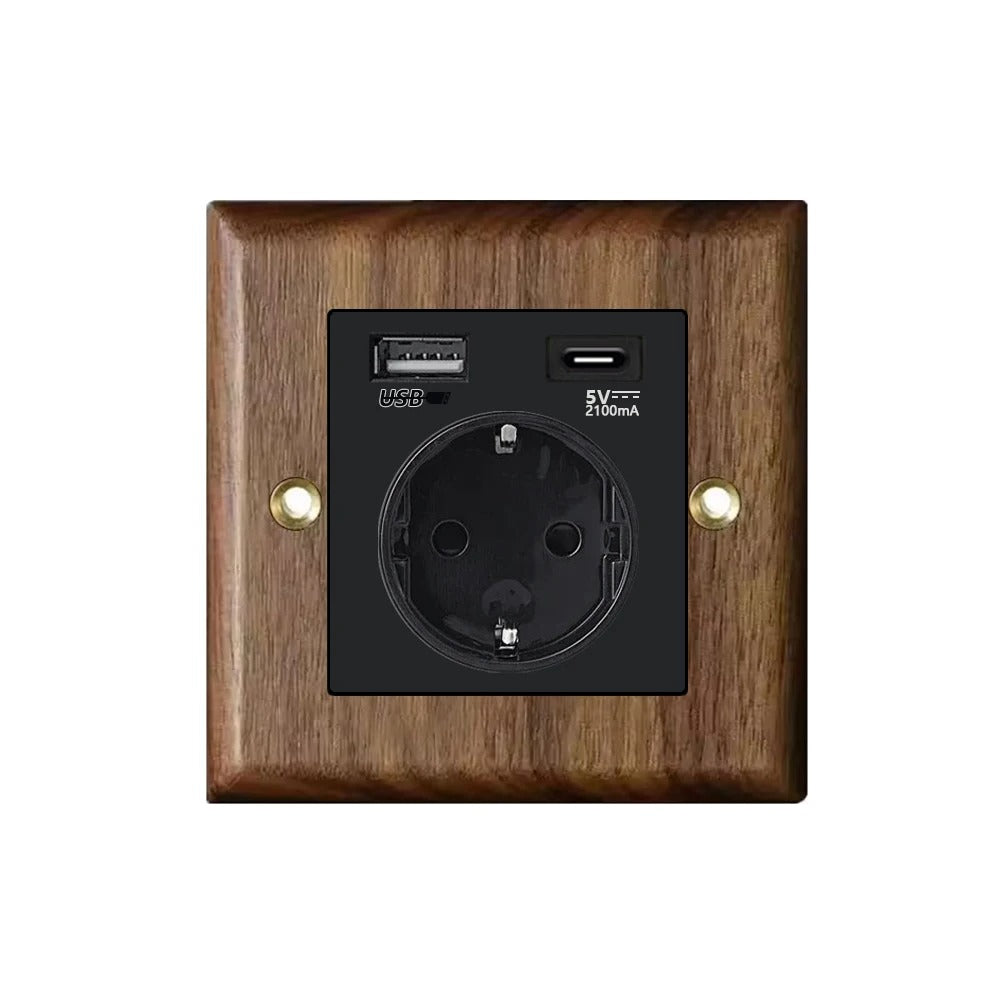 Interrupteur prise murale usb bois noyer laiton retro vintage décoration intérieure maison cuisine professionnel hotellerie restauration durable - lebois-eco.com
