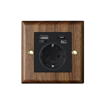 Interrupteur prise murale usb bois noyer laiton retro vintage décoration intérieure maison cuisine professionnel hotellerie restauration durable - lebois-eco.com