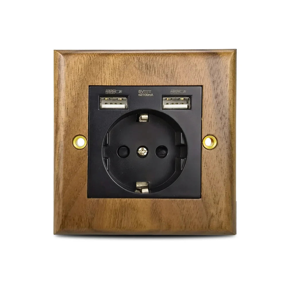 Interrupteur prise murale usb bois noyer laiton retro vintage décoration intérieure maison cuisine professionnel hotellerie restauration durable - lebois-eco.com