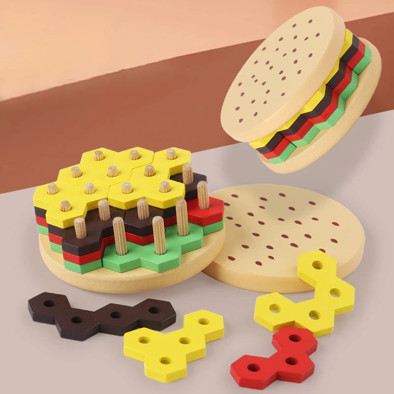 Jouet jeu de construction hamburger en bois à empiler apprentissage couleurs enfants cadeau noël anniversaire éducatif écologique durable - lebois-eco.com