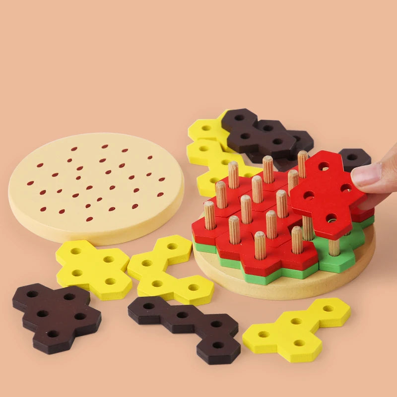 Jouet jeu de construction hamburger en bois à empiler apprentissage couleurs enfants cadeau noël anniversaire éducatif écologique durable - lebois-eco.com