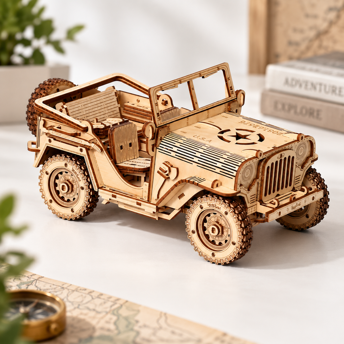 Maquette Jeep 4x4 en bois 3D dans un décor naturel