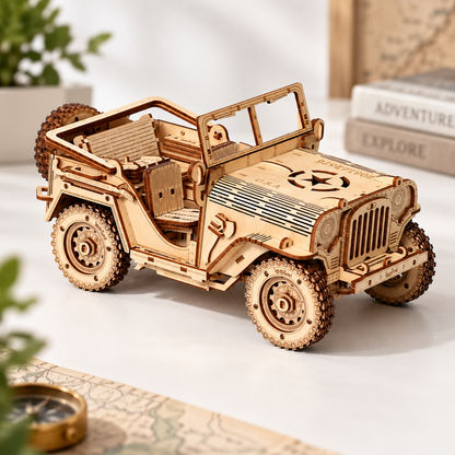 Maquette Jeep 4x4 en bois 3D dans un décor naturel