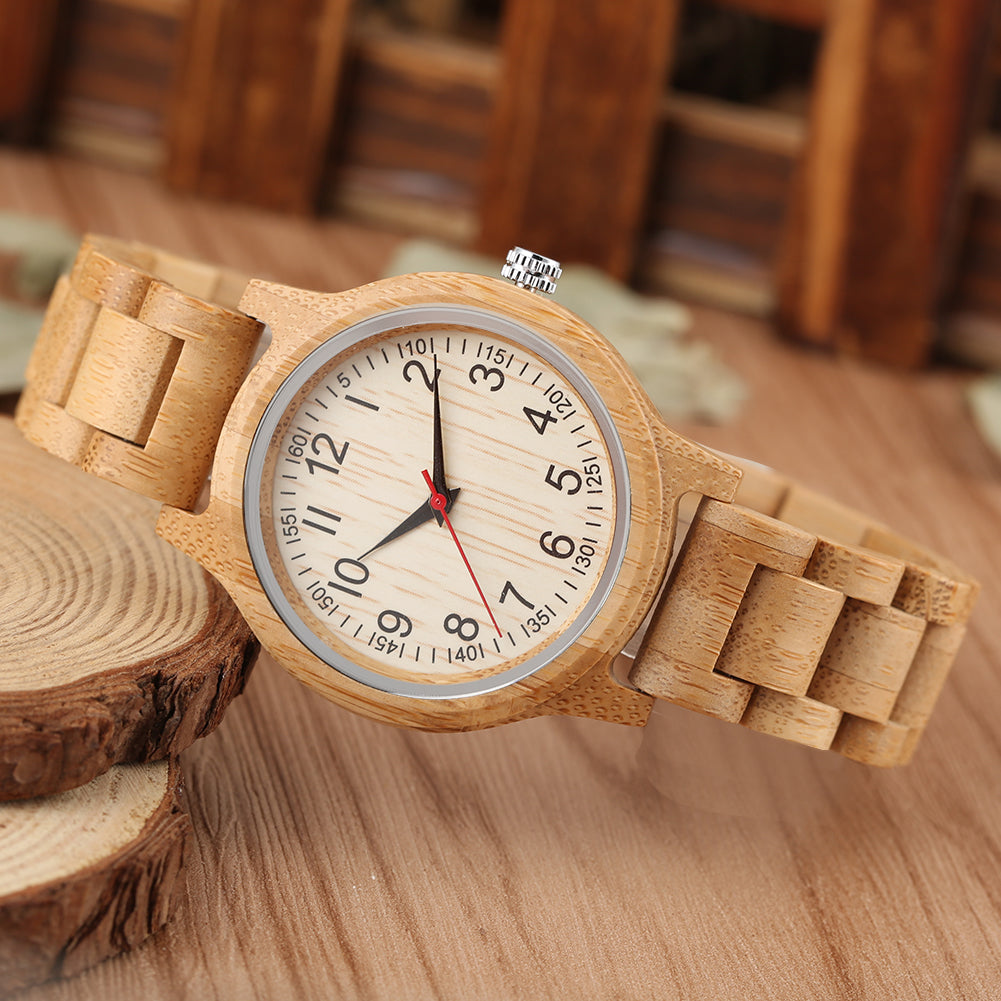 Montre bois bambou quartz femme cadran rond bracelet heure cadeau anniversaire mariage accessoire bijoux art fermoir metal environnement ecologie renouvelable reponsable - lebois-eco.com