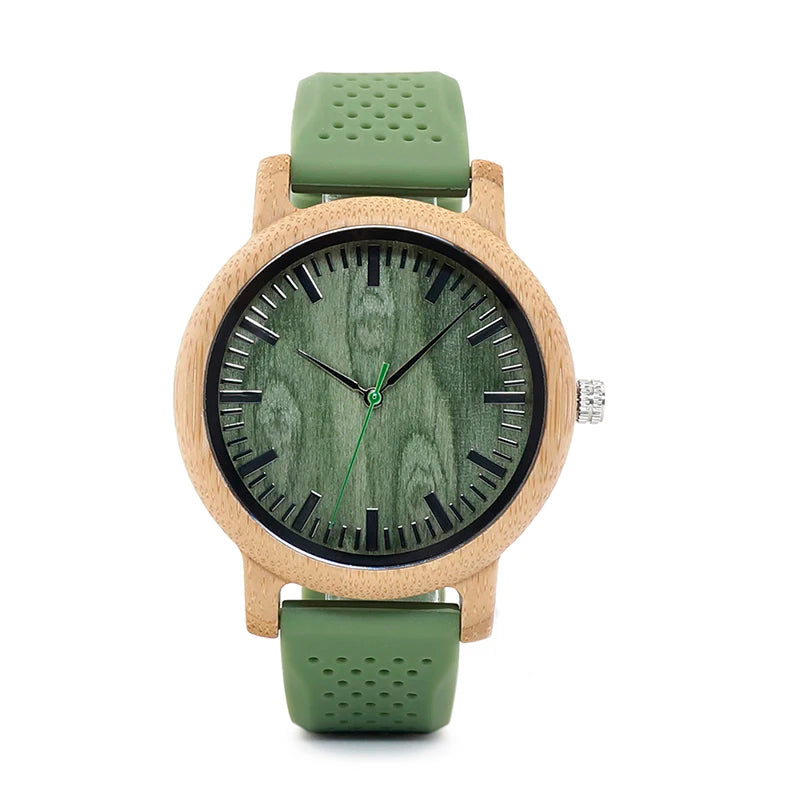 Montre bois bambou quartz homme femme modèle unisexe bracelet silicone vert cadeau original anniversaire mariage tendance intemporel écologique durable - lebois-eco.com