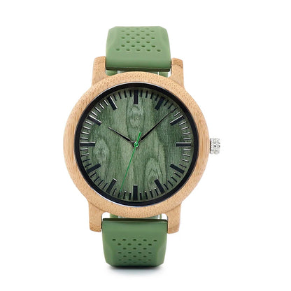 Montre bois bambou quartz homme femme modèle unisexe bracelet silicone vert cadeau original anniversaire mariage tendance intemporel écologique durable - lebois-eco.com