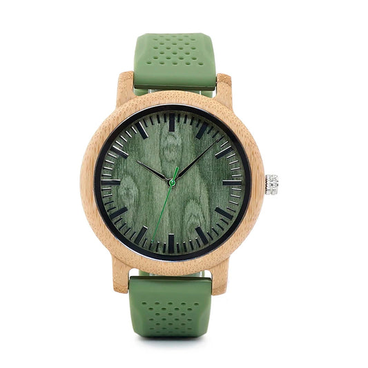 Montre bois bambou quartz homme femme modèle unisexe bracelet silicone vert cadeau original anniversaire mariage tendance intemporel écologique durable - lebois-eco.com