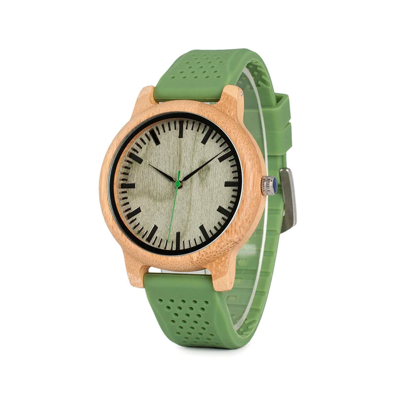 Montre bois bambou quartz homme femme modèle unisexe bracelet silicone vert cadeau original anniversaire mariage tendance intemporel écologique durable - lebois-eco.com