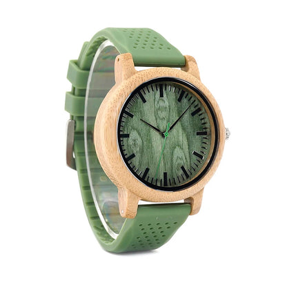Montre bois bambou quartz homme femme modèle unisexe bracelet silicone vert cadeau original anniversaire mariage tendance intemporel écologique durable - lebois-eco.com