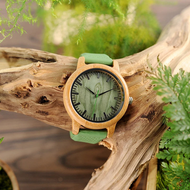 Montre bois bambou quartz homme femme modèle unisexe bracelet silicone vert cadeau original anniversaire mariage tendance intemporel écologique durable - lebois-eco.com