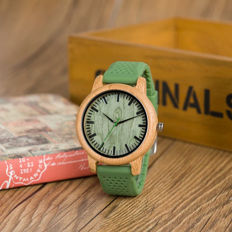 Montre bois bambou quartz homme femme modèle unisexe bracelet silicone vert cadeau original anniversaire mariage tendance intemporel écologique durable - lebois-eco.com