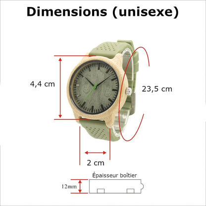 Montre bois bambou quartz homme femme modèle unisexe bracelet silicone vert cadeau original anniversaire mariage tendance intemporel écologique durable - lebois-eco.com