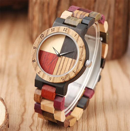 Montre bois bambou quartz unisexe coffret arlequin 4 couleurs cadeau original anniversaire noël mariage tendance intemporel écologique durable - lebois-eco.com