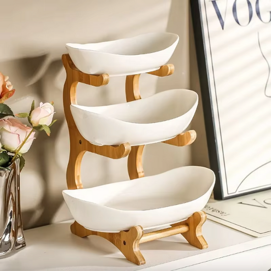 Plats de présentation service armature bois bambou 3 récipients plastique corbeille fruits vide poche aliments apéritifs durable - lebois-eco.com