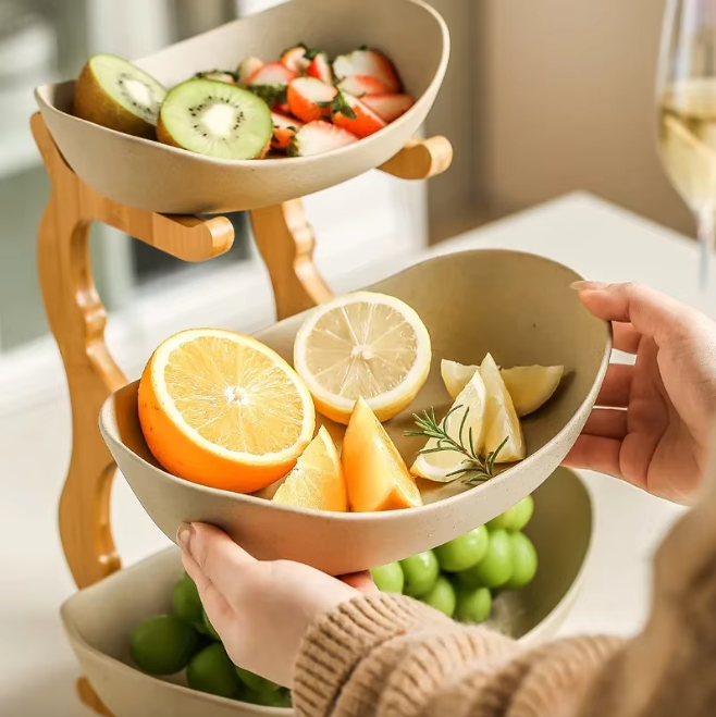 Plats de présentation service armature bois bambou 3 récipients plastique corbeille fruits vide poche aliments apéritifs durable - lebois-eco.com