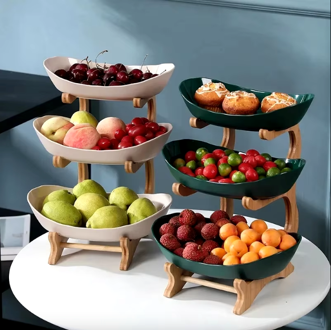 Plats de présentation service armature bois bambou 3 récipients plastique corbeille fruits vide poche aliments apéritifs durable - lebois-eco.com