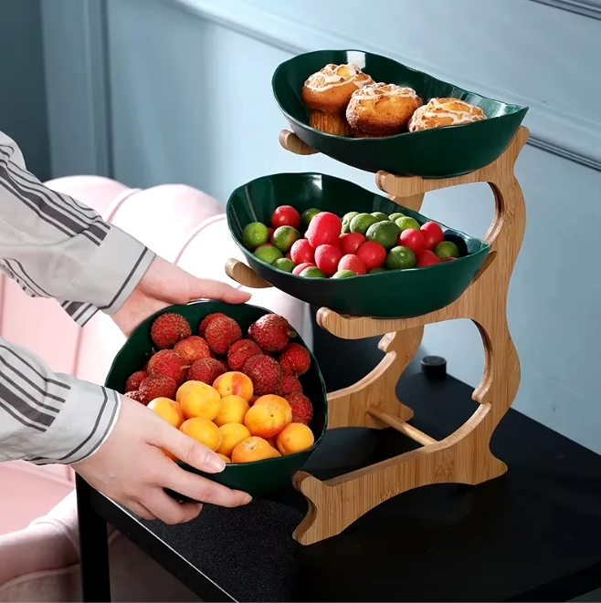 Plats de présentation service armature bois bambou 3 récipients plastique corbeille fruits vide poche aliments apéritifs durable - lebois-eco.com