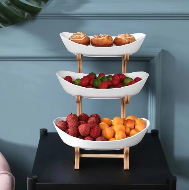 Plats de présentation service armature bois bambou 3 récipients plastique corbeille fruits vide poche aliments apéritifs durable - lebois-eco.com
