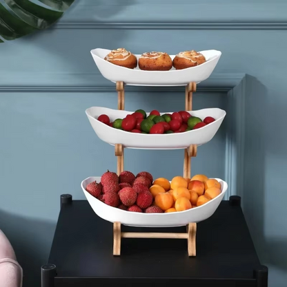 Plats de présentation service armature bois bambou 3 récipients plastique corbeille fruits vide poche aliments apéritifs durable - lebois-eco.com